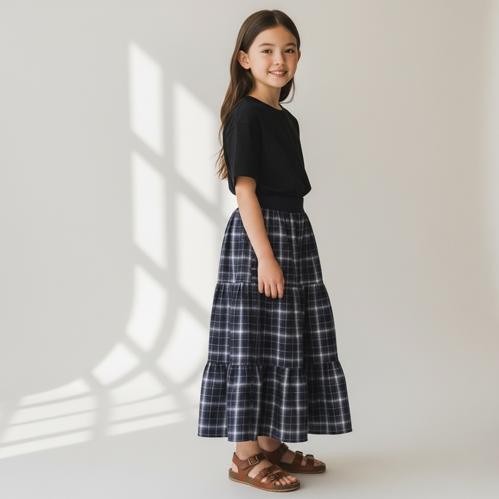 Skirt Flannel Girls 6/7‎ Maxi Blue Plaid Ruffle Tier Cotton Mom and Pop's Kids